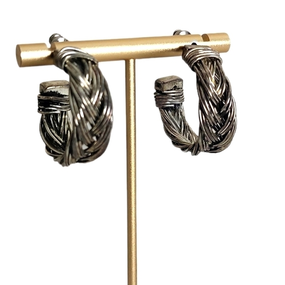 Vintage Braided Braided Silver Chunky Hoop Earrings - Picture 3 of 6